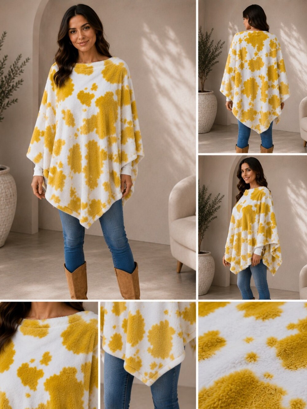 Mustard Yellow & White Faux Fur Cow Print Western Poncho | Cozy Western Chic